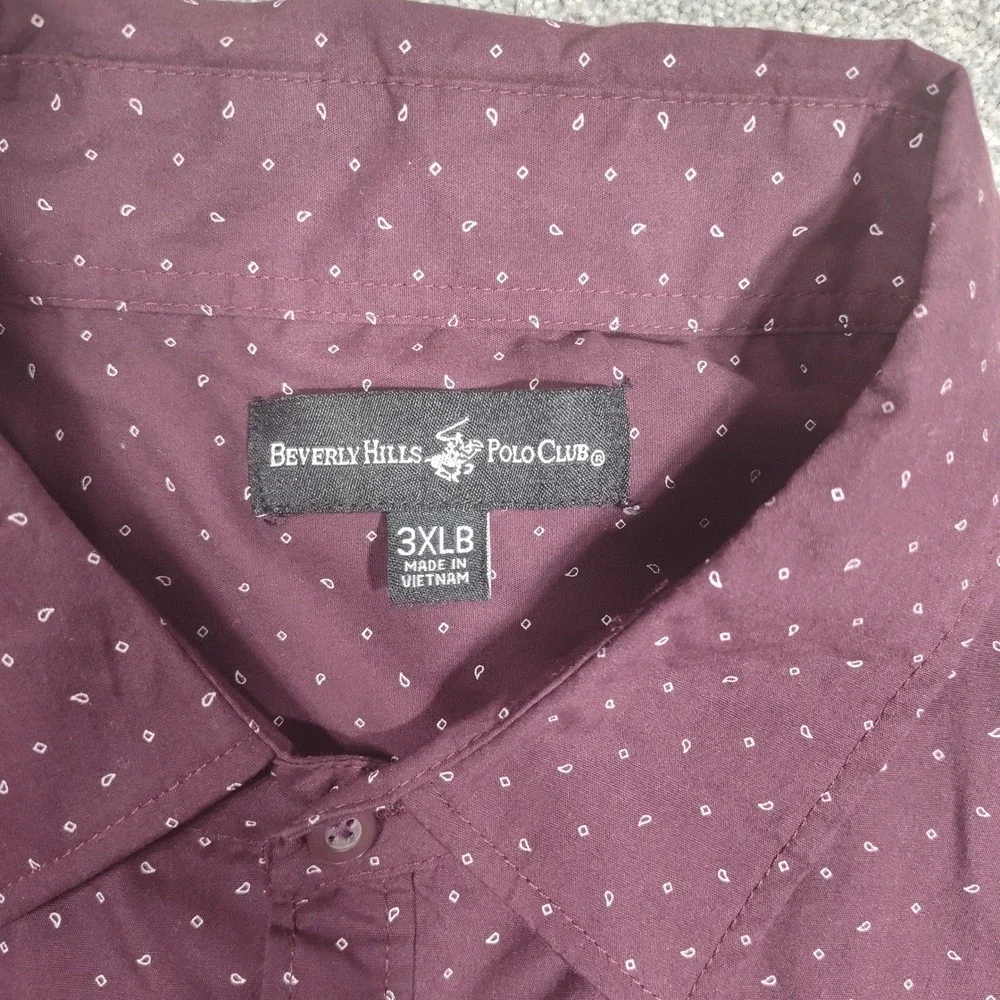 Beverly Hills Polo Club Shirt Mens 3XLB Burgundy Dotted Button Down Dress Casual